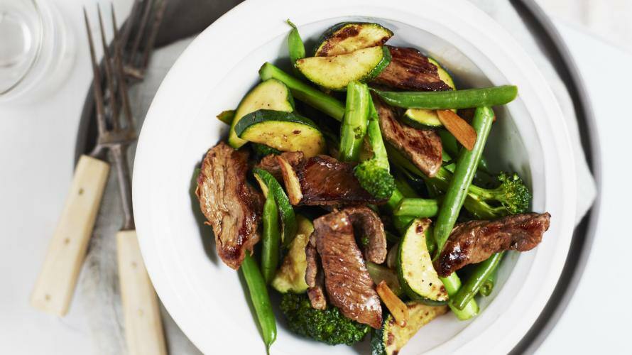 Teller mit grünen Gemüsen und Rindfleisch