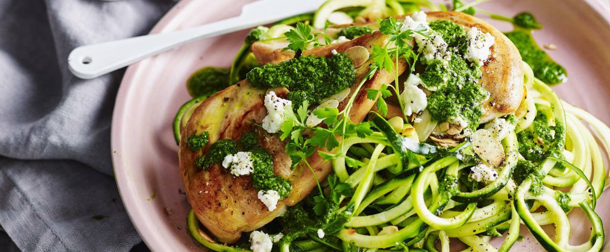 Hähnchenschnitzel mit Zucchini-Nudeln auf einem Teller