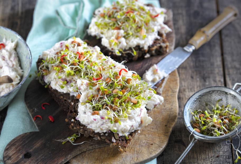 Apfel-Chili-Creme mit Linsensprossen auf Vollkornbrot