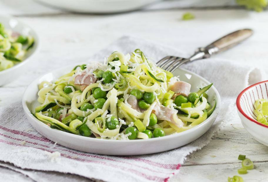 Schnelle Low Carb-Zucchini-Nudeln mit Schinken-Sahne-Sauce