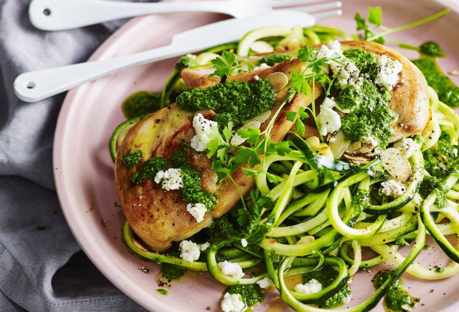 Hähnchenschnitzel mit Zucchini-Nudeln und Salsa Verde