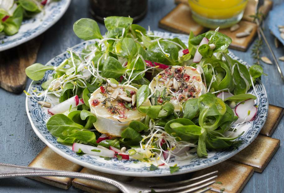 Feldsalat mit Sprossen und Ofen-Ziegenkäse