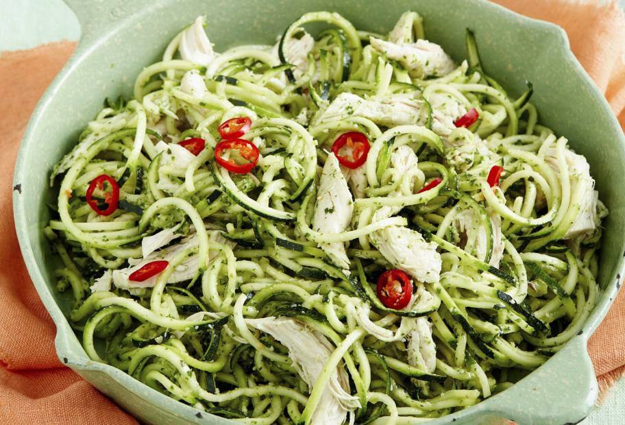 Zucchininudeln mit Pesto und Hähnchen