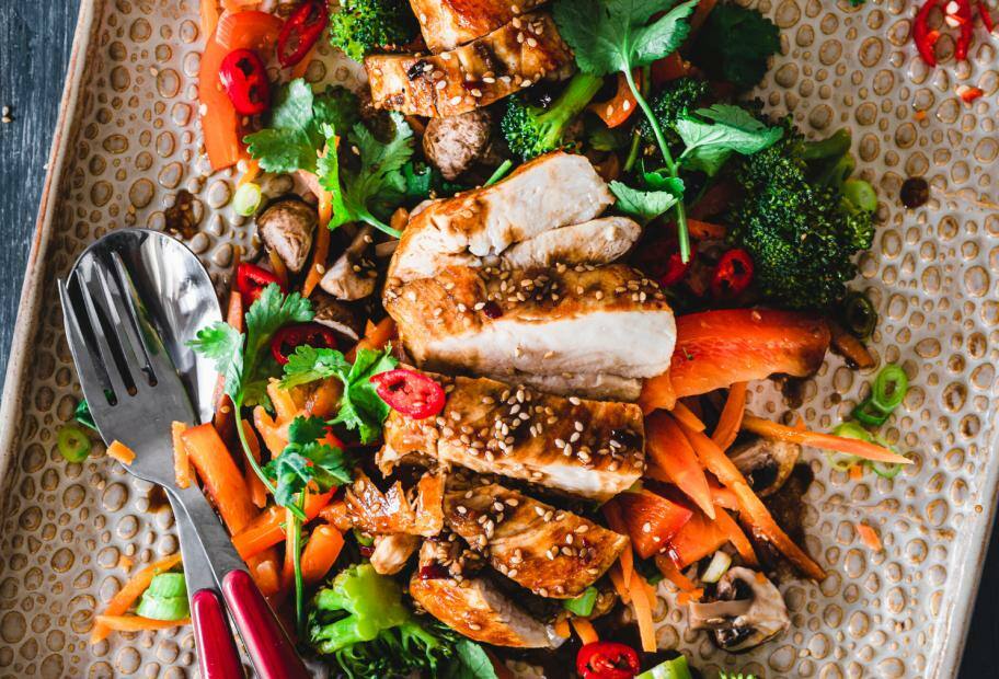 Low‑Carb-Teriyaki‑Chicken mit gedämpftem Gemüse
