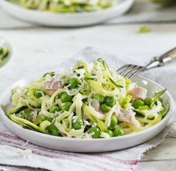 Zucchini-Spaghetti mit Schinken-Sahne-Sauce