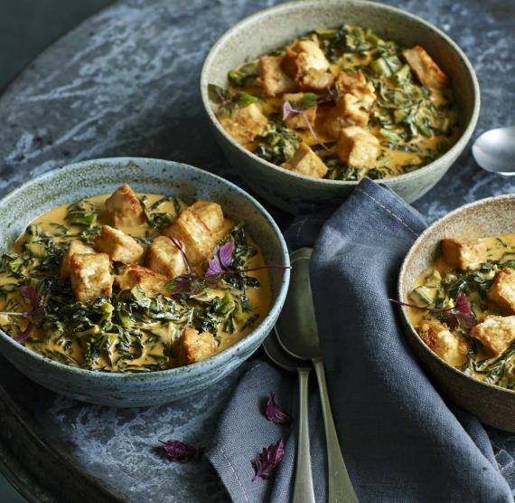 Schüsseln mit Schwarzkohlcurry mit Tofuwürfeln