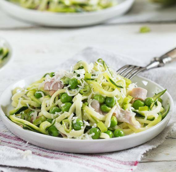 Zucchini-Spaghetti mit Schinken-Sahne-Sauce