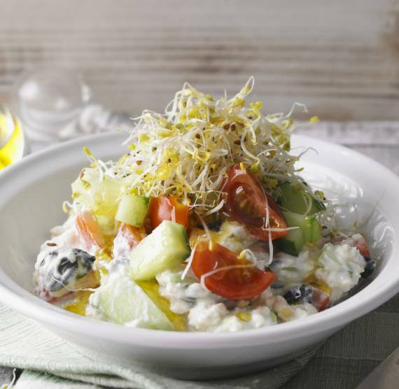 Teller mit Overnight Oats, darüber Oliven, Gurke, Tomate und Sprossen