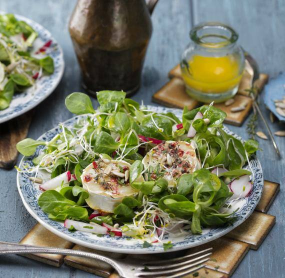 Feldsalat mit Sprossen und Ofen-Ziegenkäse