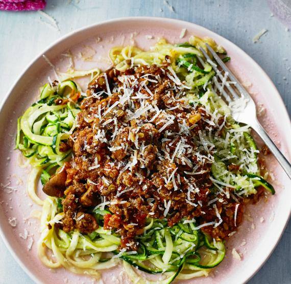 Teller und Pfanne mit Bolognese und