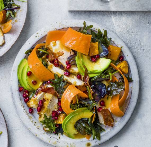 3 Teller mit Kürbis, Avocado, Hähnchen