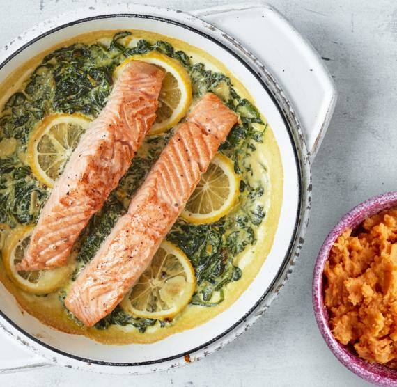 Lacht auf Zitrone und Spinat in Auflaufform und Schale mit Püree