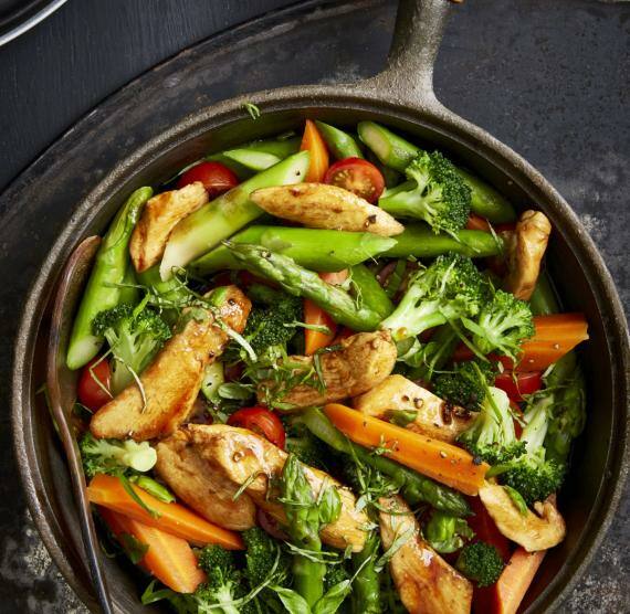 Bunte Gemüsepfanne mit Hähnchenstücken