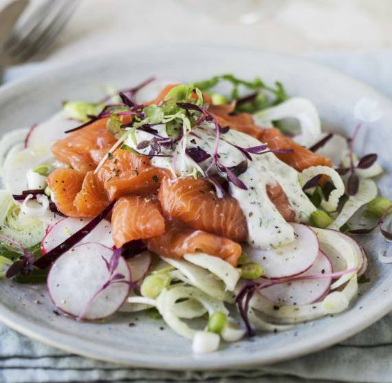 Teller mit Fenchel-Radieschen-Salat mit Räucherlachs, Kresse und Joghurtdressing