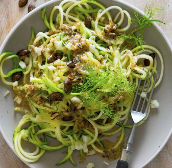 Nudeln aus Zucchini mit grüner Sauce in einem tiefen Teller