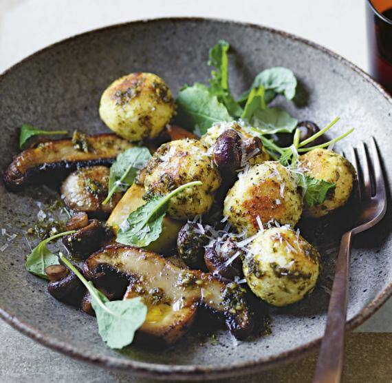 Teller mit Gnudi, Pilzen, Kräutern und jungem Grünkohl