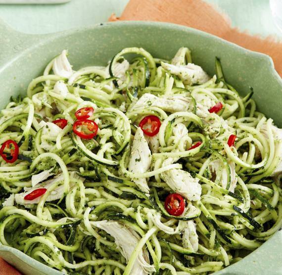 Nudeln aus Zucchini mit grüner Sauce und Hähnchenstreifen auf einem Teller