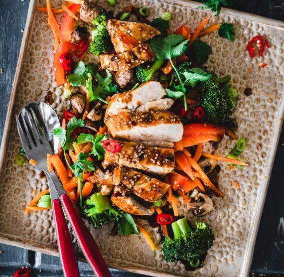 Low‑Carb-Teriyaki‑Chicken angerichtet auf gedämpftem Gemüse